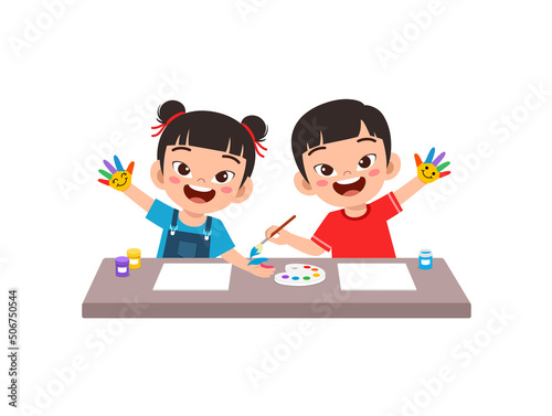 little kid make painting with hand stamp