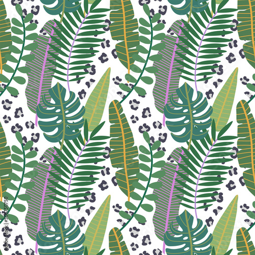 Vector seamless pattern with tropical leaves. Jungles. Tropical pattern. Animal print. Hand drawn illustration. The print is used for Wallpaper, fabric, textile.