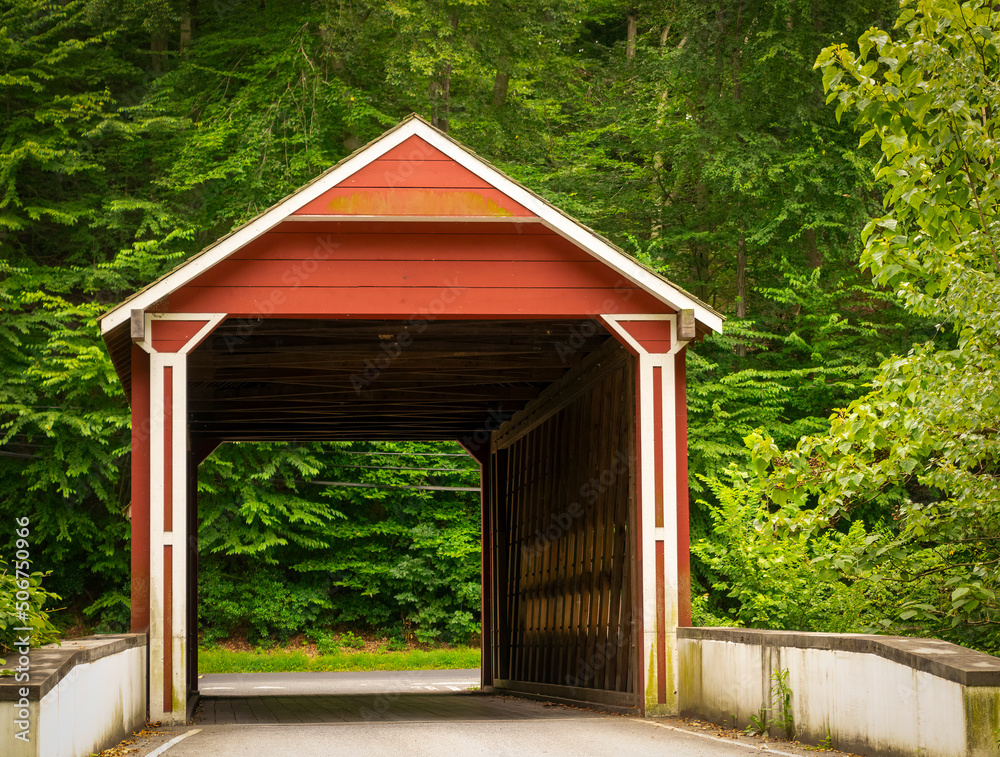 View of a Covered Bridge on a Lonely Road in the Middle of the Countryside on a Cloudy Day View of a Covered Bridge on a Lonely Road in the Middle of the Countryside on a Cloudy Day