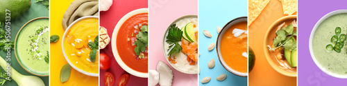 Collection of tasty cream soups in bowls on colorful background, top view photo