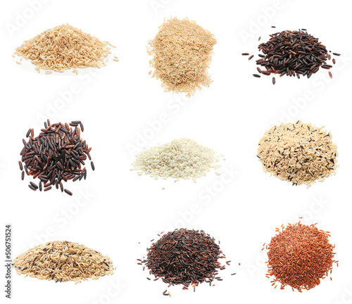 Different types of rice isolated on white