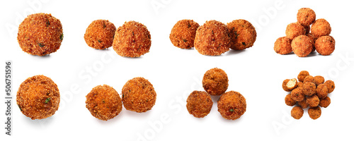 Quadro em tela Set of tasty cod cutlets on white background
