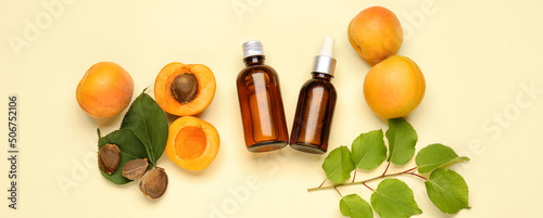 Composition with bottles of apricot essential oil on color background, top view