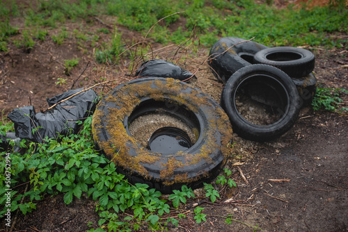 Illegal dumping of tires in nature. 