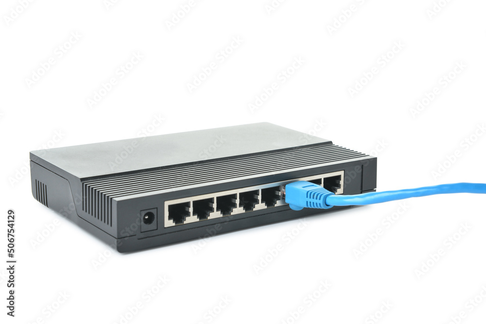 Modern wi-fi router and internet cable isolated on white background Modern wi-fi router and internet cable isolated on white background
