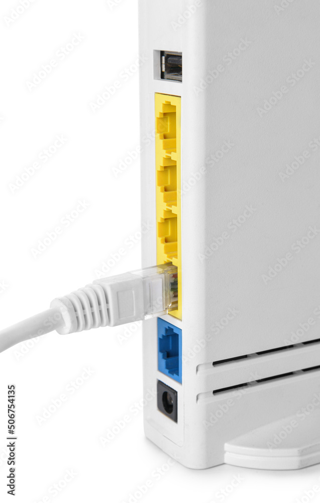 Modern wi-fi router and internet cable isolated on white background, closeup Modern wi-fi router and internet cable isolated on white background, closeup