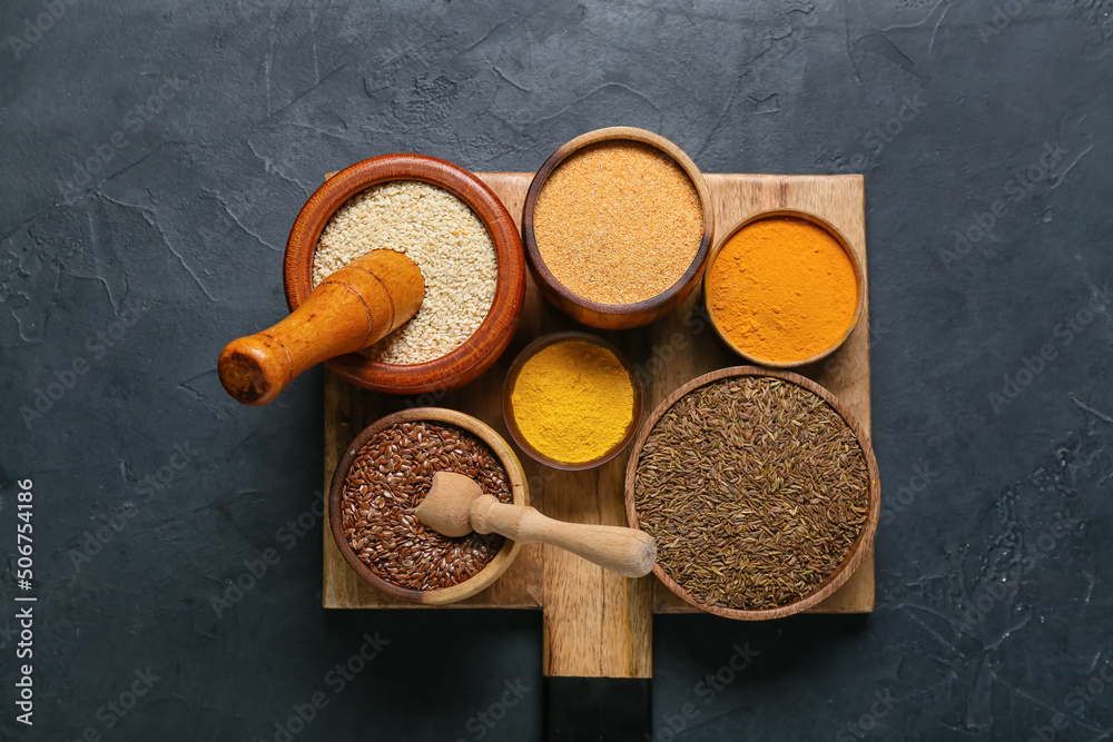 Set of aromatic spices on dark background