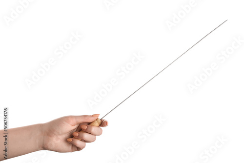 Female hand with wooden skewer on white background