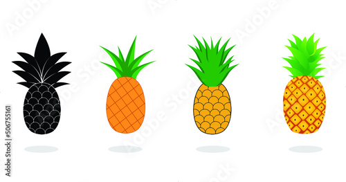 Pineapple collection. Illustration of pineapple fruit with isolated cartoon style on white background. summer fruits, for a healthy and natural life, Vector illustration.