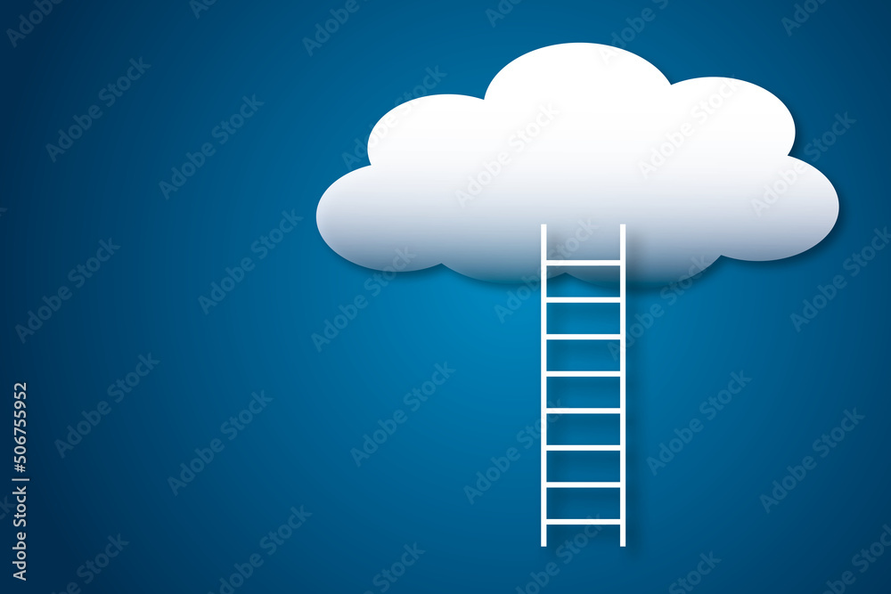 Ladder or stairs with white cloud isolated and shadow overlay on dark blue background. Concept for achievement or success and idea business. space for the text. illustration paper cut design style. Ladder or stairs with white cloud isolated and shadow overlay on dark blue background. Concept for achievement or success and idea business. space for the text. illustration paper cut design style.