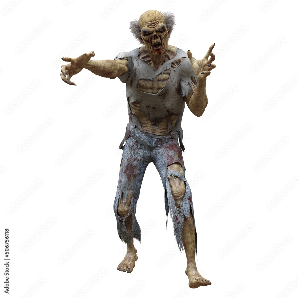 Zombie male isolated white background 3d illustration