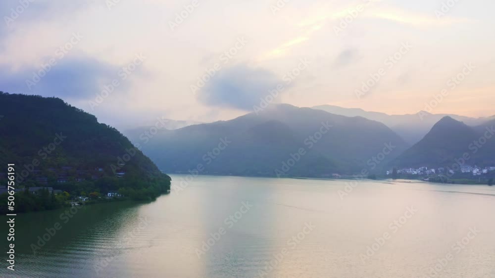 aerial view of landscape of fuchun river at sunrise
aerial view of landscape of fuchun river at sunrise