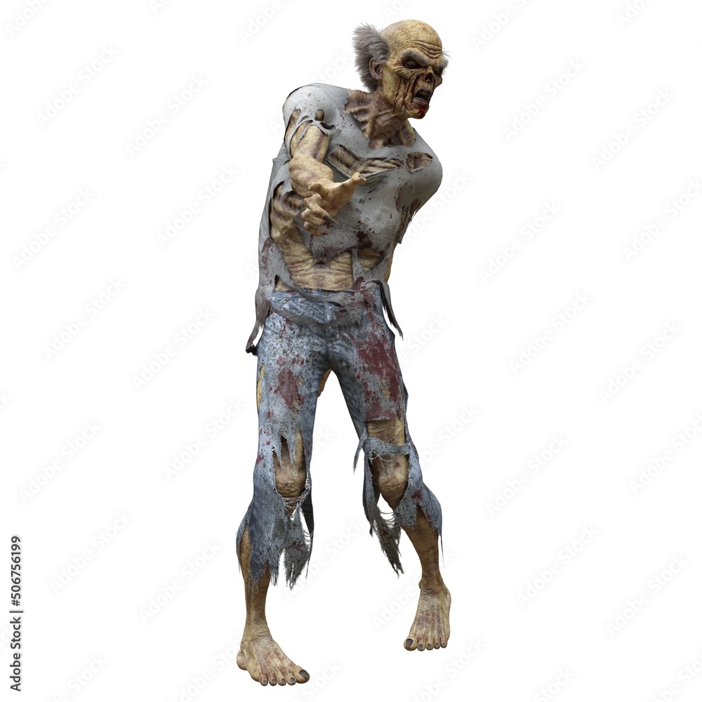 Zombie male isolated white background 3d illustration