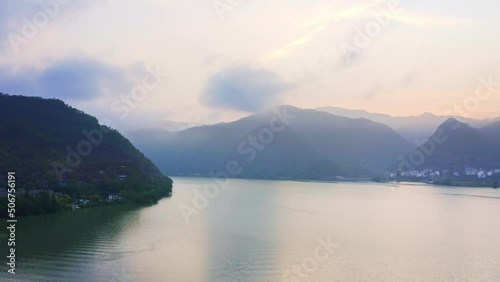 aerial view of landscape of fuchun river at sunrise
 photo