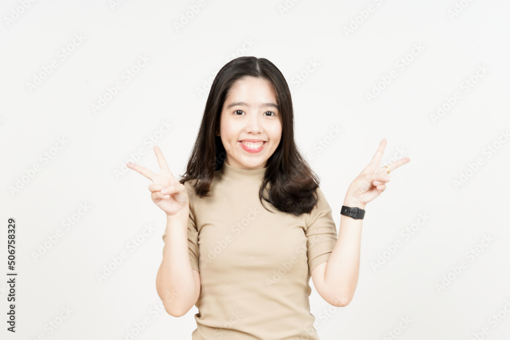Showing Peace Sign Of Beautiful Asian Woman Isolated On White Background Showing Peace Sign Of Beautiful Asian Woman Isolated On White Background