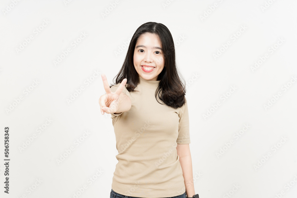 Showing Peace Sign Of Beautiful Asian Woman Isolated On White Background Showing Peace Sign Of Beautiful Asian Woman Isolated On White Background