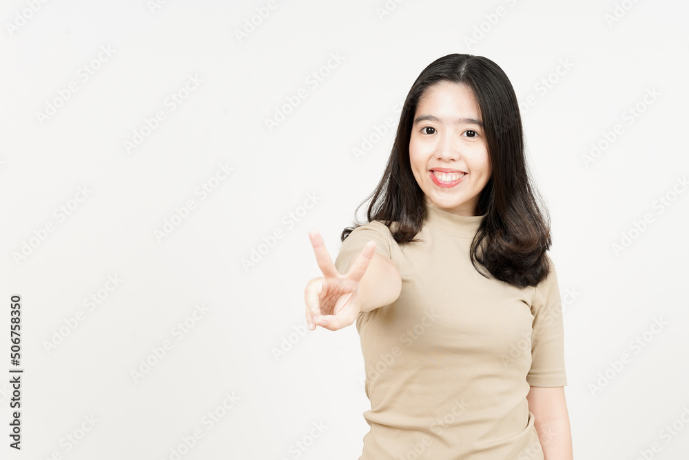 Showing Peace Sign Of Beautiful Asian Woman Isolated On White Background Showing Peace Sign Of Beautiful Asian Woman Isolated On White Background