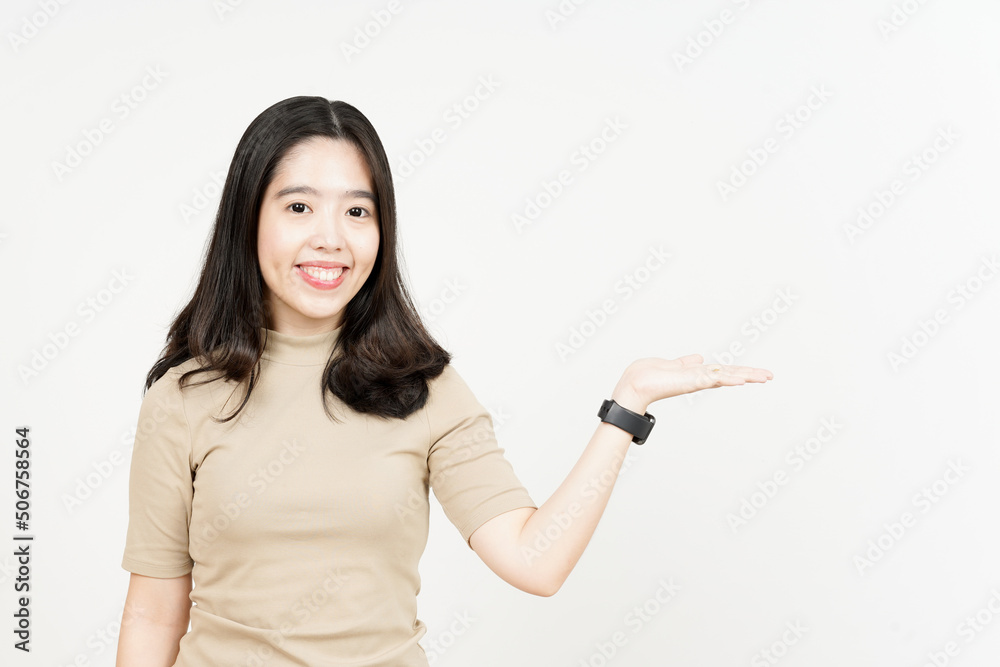 Showing and Presenting Product on Open Palm Of Beautiful Asian Woman Isolated On White Background Showing and Presenting Product on Open Palm Of Beautiful Asian Woman Isolated On White Background