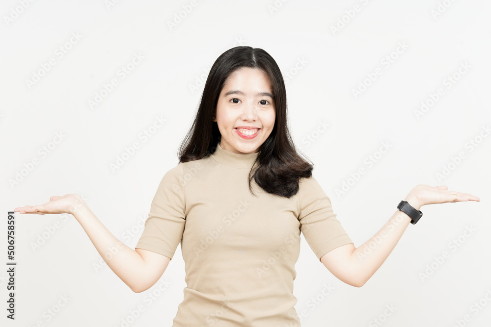 Showing two product on open palm Of Beautiful Asian Woman Isolated On White Background Showing two product on open palm Of Beautiful Asian Woman Isolated On White Background