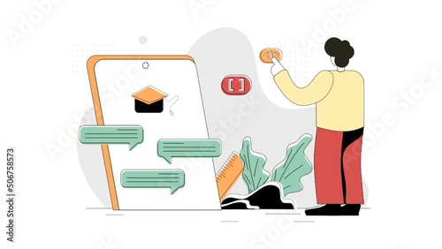 Flat Illustration Animation of App Education, the concept of a man doing an online educational application test in front of a smart phone, minimal retro style in green red yellow, perfect for ui