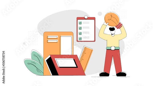 Animated Smart Ideas Online Education flat illustration, the concept of a man carrying a lamp beside a list board ruler, Retro style sha line minimal green red yellow