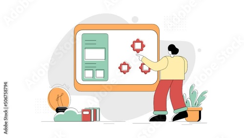 Animated Creative Teaching Online Education flat illustration, the concept of a male teacher teaching on the board, minimal green red yellow style retro shape line