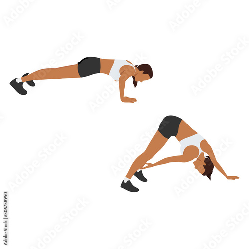 Woman doing Ankle tap push ups exercise. Flat vector illustration isolated on white background