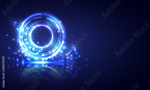 Glowing HUD circle. Light , ray and sparking ring. Colorful tunnel. Bright border. Magic portal. Luminous electron and glint swirling. Fireworks model. Abstract circle neon light background