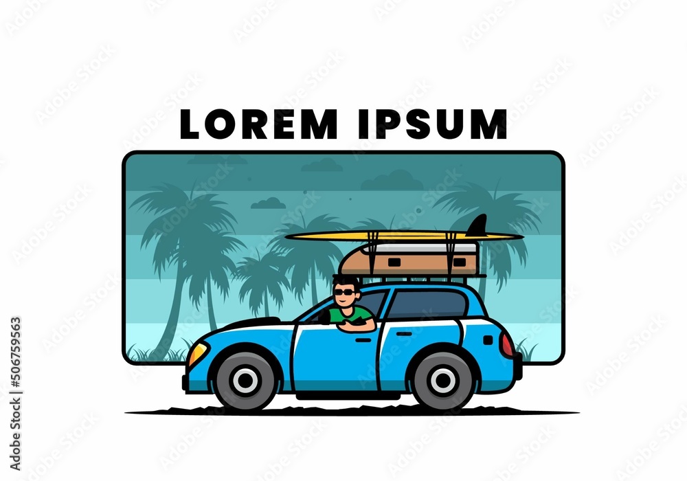 Fototapeta premium illustration of a man riding a car for vacation