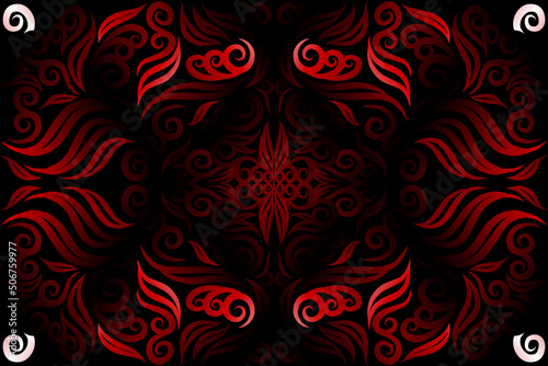  luxurious red and white gradien caleidoscope flower and leaf line art pattern of indonesian culture traditional batik ethnic dayak ornament for wallpaper ads background 