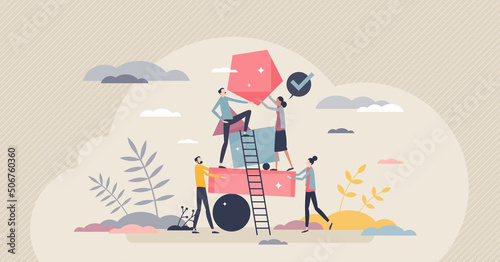 Diverse team as different geometrical shapes puzzle tiny person concept. Colleague teamwork and partnership for effective business results vector illustration. Employee work with project process.