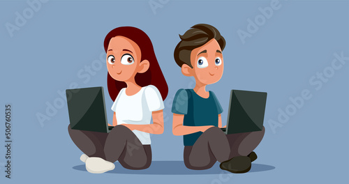 Teenage Boy and Girl Chatting on their Laptop Vector Cartoon Illustration