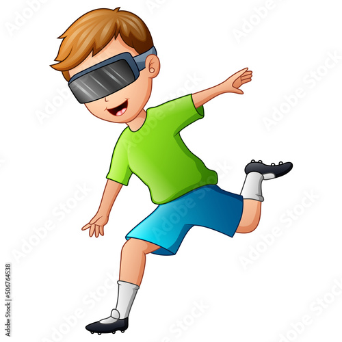 Young man wearing soccer uniform and play with virtual glasses