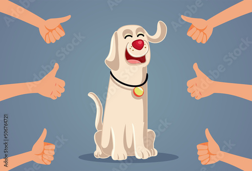 
People Appreciating a Loyal Dog Vector Cartoon Illustration. Good pet animal responding positive to obedience training 
