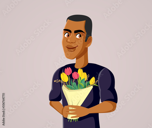 
Handsome Boyfriend Holding a Floral Bouquet Vector Illustration. Guy offering flowers being flirtatious on a date
