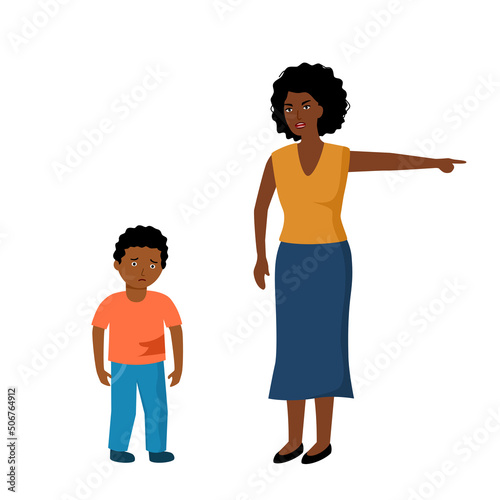 African mom angry her son in flat design on white background. Angry black mother with sad child.