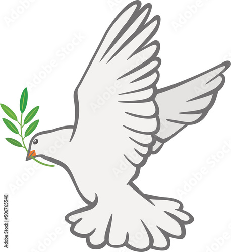 オリーブの葉をくわえて羽ばたいている1羽の白鳩のイメージイラスト