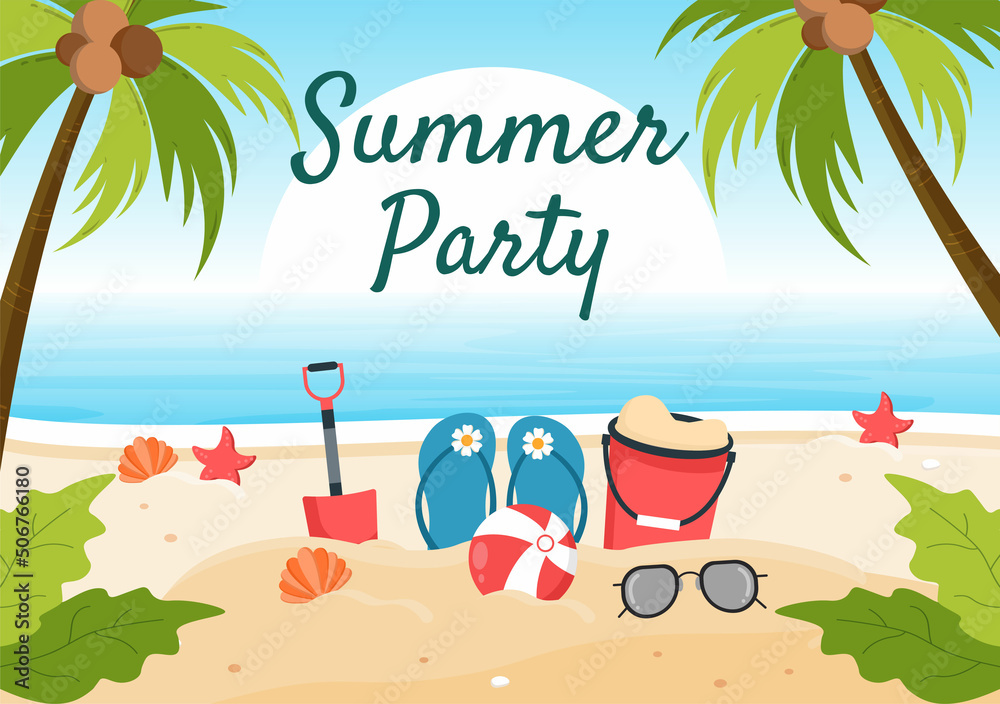 Summer Party Cartoon Background Illustration with Tropical Plants, Equipment on the Beach for Poster or Greeting Card Design - obrazy, fototapety, plakaty 
