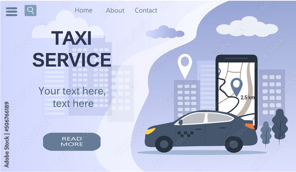 vector illustration in a flat style on the theme of applications for ordering a taxi. banner for website, taxi car, map with navigator and smartphone vector illustration in a flat style on the theme of applications for ordering a taxi. banner for website, taxi car, map with navigator and smartphone
