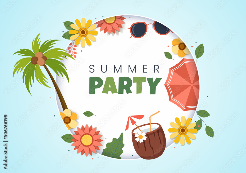 Summer Party Cartoon Background Illustration with Tropical Plants, Equipment on the Beach for Poster or Greeting Card Design - obrazy, fototapety, plakaty 