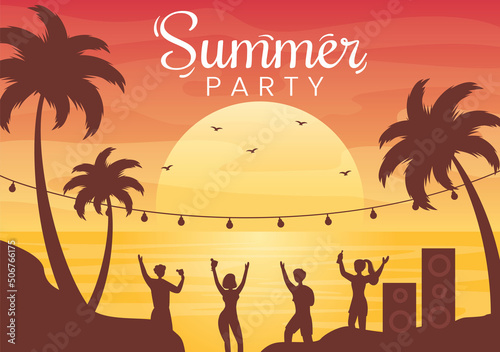Summer Party Cartoon Background Illustration with Tropical Plants, Equipment on the Beach for Poster or Greeting Card Design