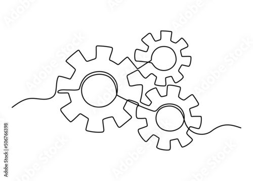 Gears wheel symbol technology, continuous one line drawing. Moving cog gears for business teamwork concept. Contour single outline. Vector illustration