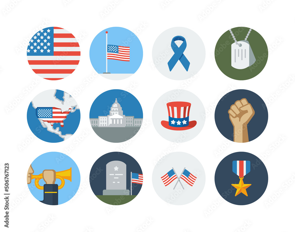 Memorial day and veterans day flat circle icon set with flag and military vector icons Memorial day and veterans day flat circle icon set with flag and military vector icons