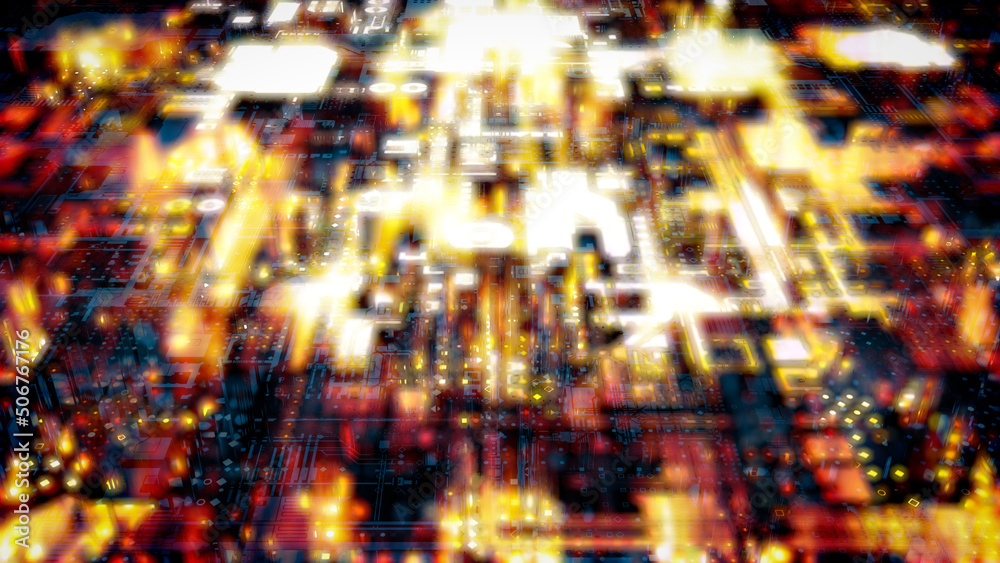 Yellow glowing technological cyberpunk high tech background - abstract 3D rendering