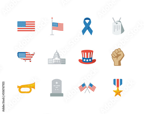 Memorial day and veterans day flat icon set with flag and military vector icons
