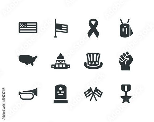 Memorial day and veterans day solid icon set with flag and military vector icons