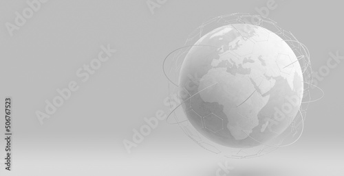 Fototapeta Naklejka Na Ścianę i Meble -  White earth globe with wireframe global network connection, detailed world map design for digital internet communication business 3D technology illustration. Elements of this image furnished by NASA