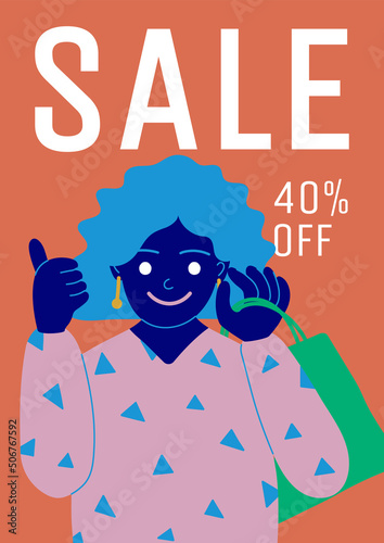 Sale banner in flat style. 40% discount. A woman holds a shopping bag and shows class. Vector illustration.