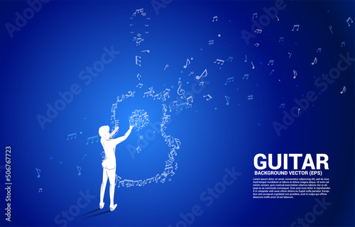 vector conductor and music melody note dancing flow shape guitar icon . Concept background for song and guitar concert theme.