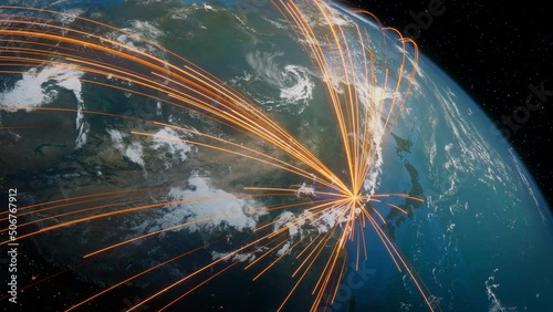 Earth in Space. Orange Lines connect Seoul South, Korea with Cities across the World. Worldwide Travel or Networking Concept.